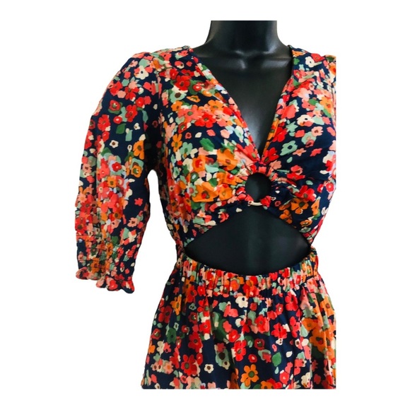 Red orange floral multi midriff cut out cotton v-neck midi dress size medium new - Picture 3 of 16